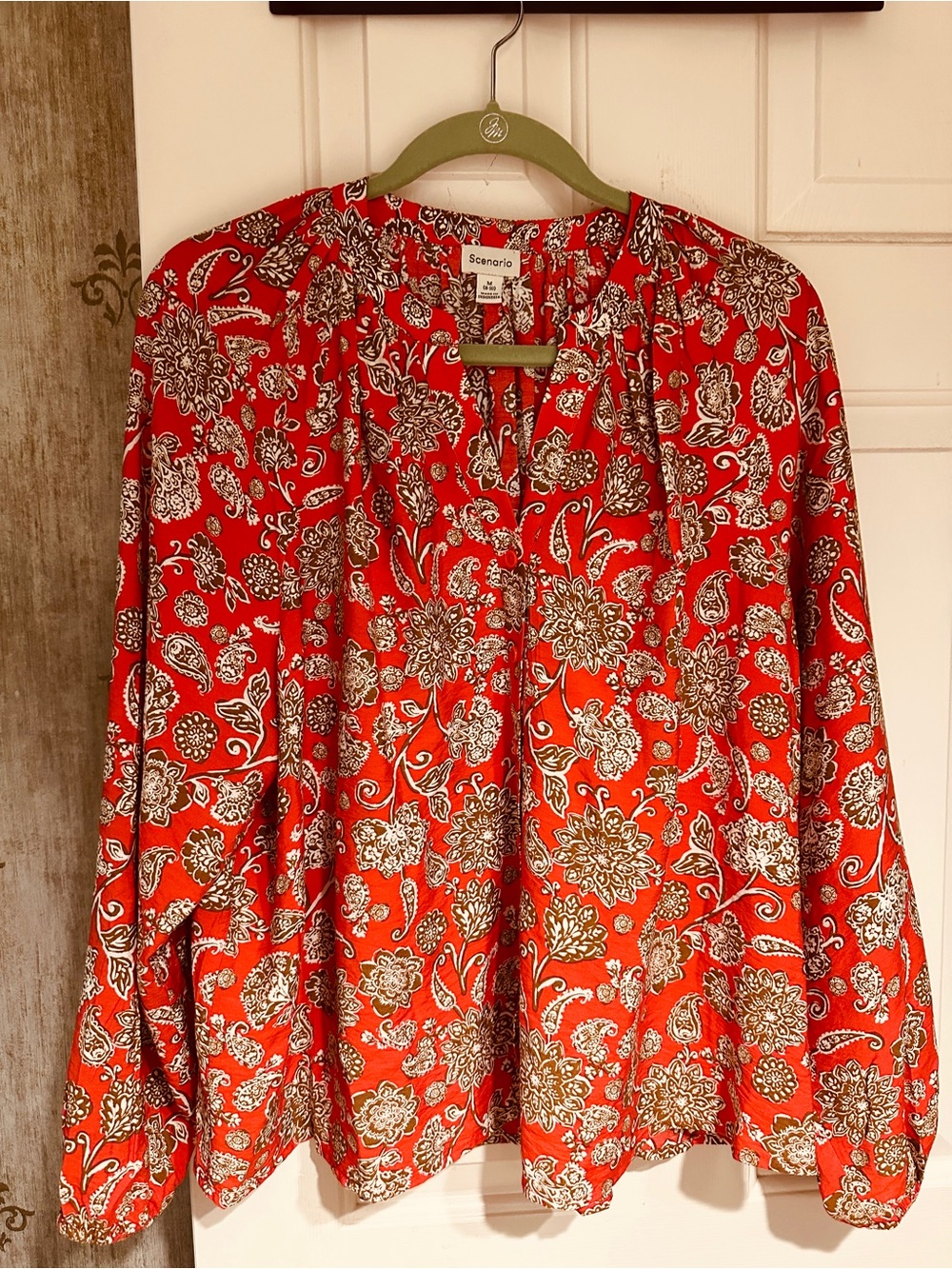 Red, brown and cream paisley/floral flowy top